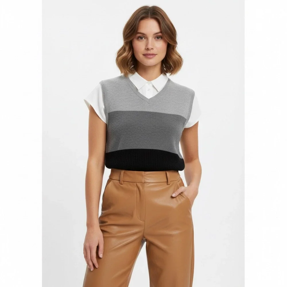 Vintage Y2K Preppy Twee Striped Sweater Vest Express Bleus Sz Med Black and Grey